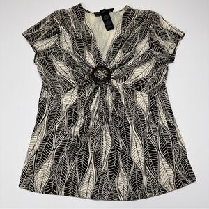Josephine Chaus Dark Chocolate and Cream Leaf Print Blouse